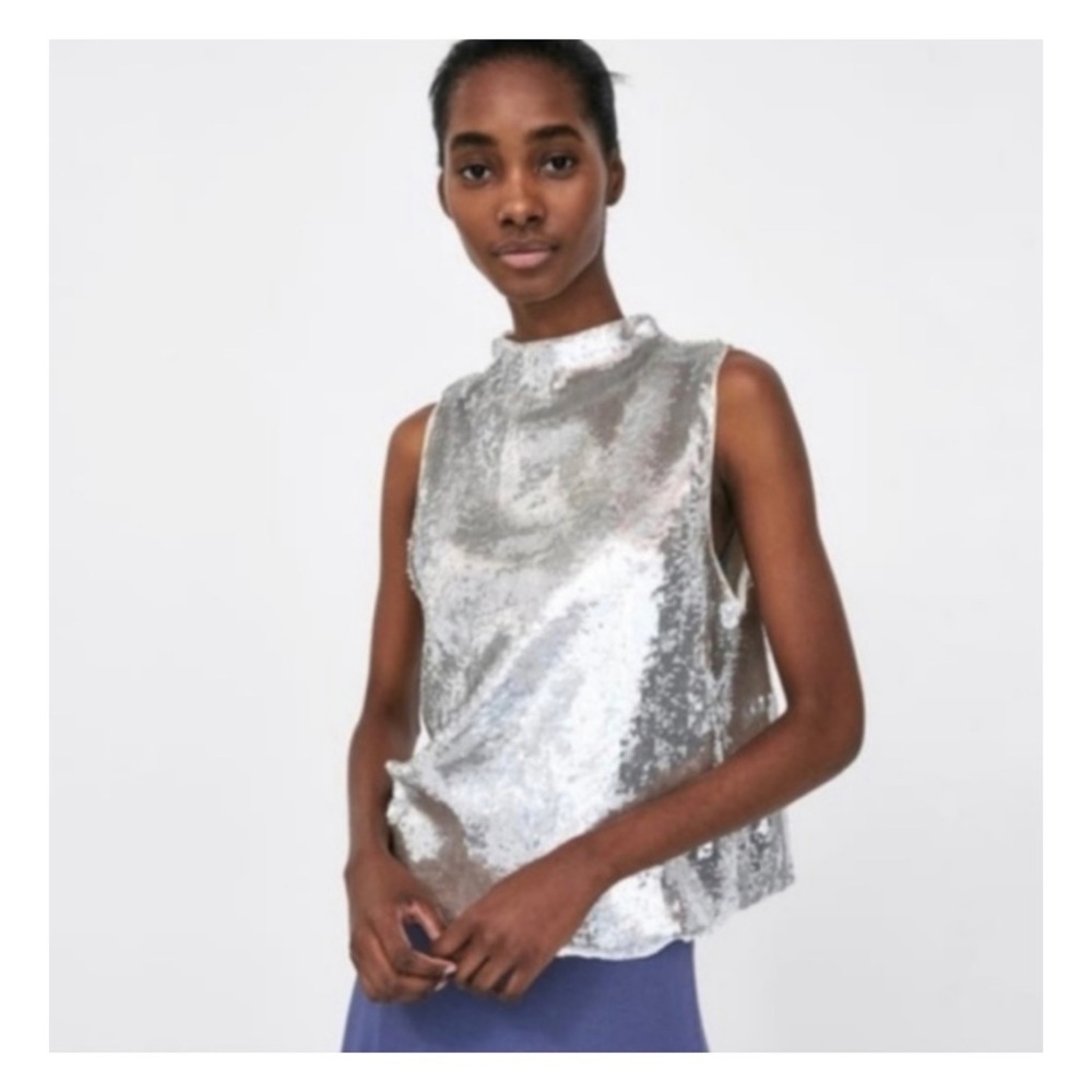Zara Knit Sleeveless Sequin High Neck Top